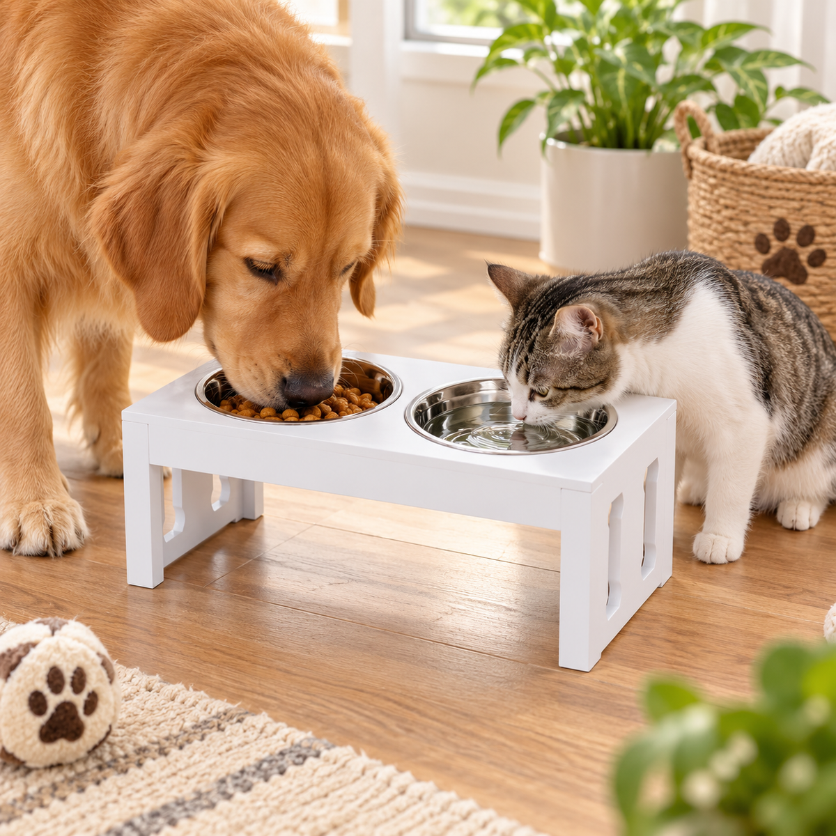 23" Wooden Elevated Double Dog Bowl Stand