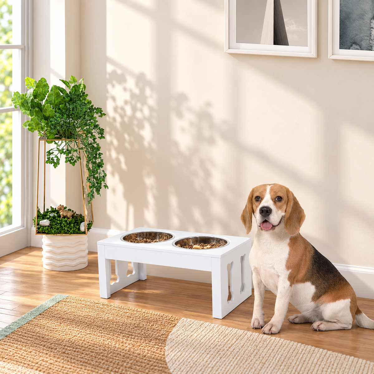 23" Wooden Elevated Double Dog Bowl Stand