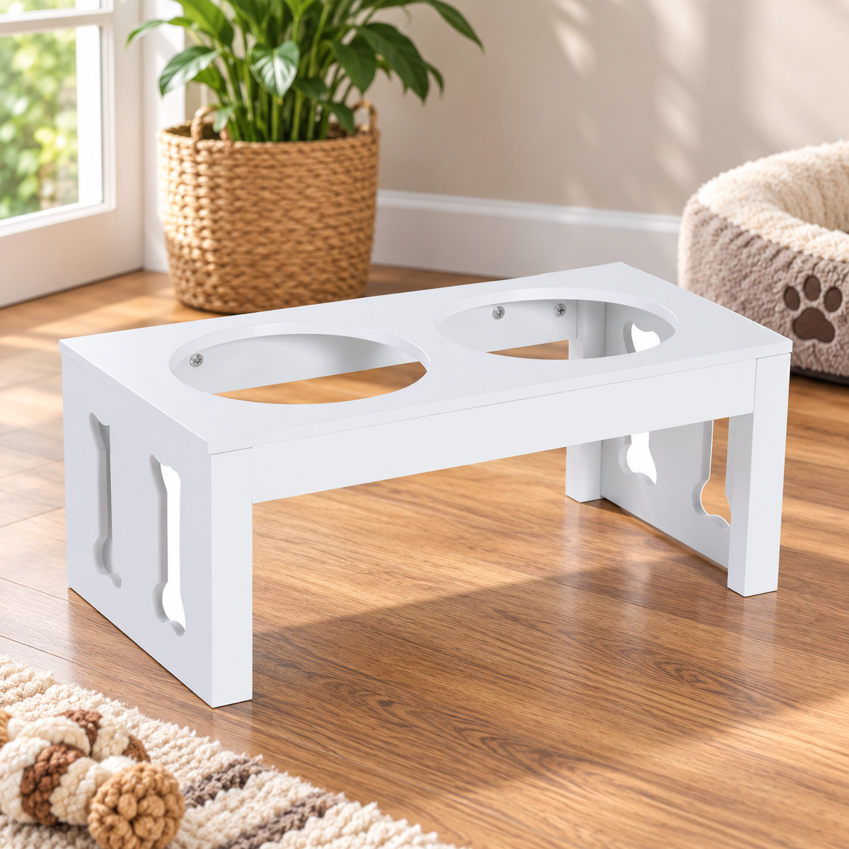 23" Wooden Elevated Double Dog Bowl Stand