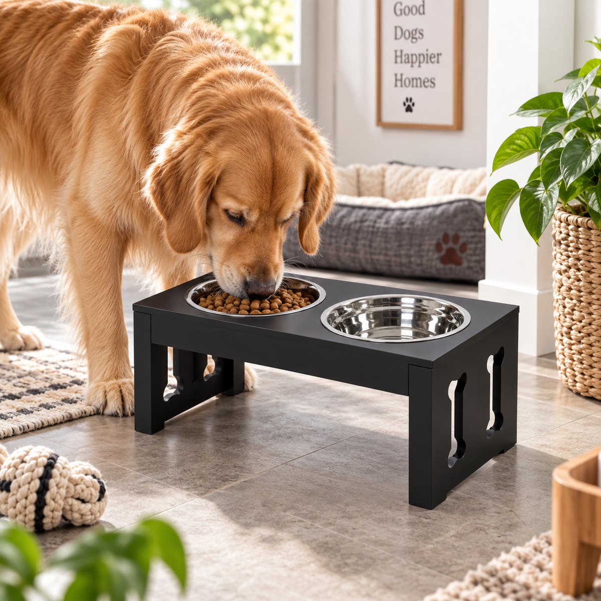 23" Wooden Elevated Double Dog Bowl Stand