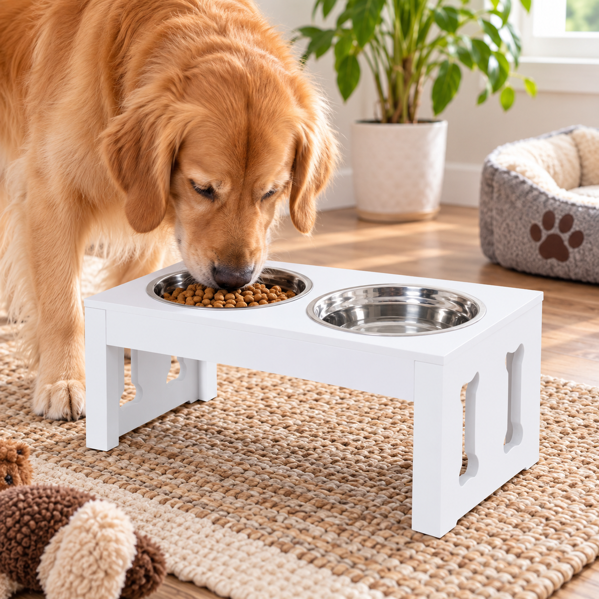 23" Wooden Elevated Double Dog Bowl Stand